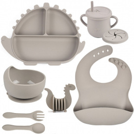 Набор детской посуды 2Life Волна Y20 8 предметів та прорізувач Динозавр Сірий (v-12055)