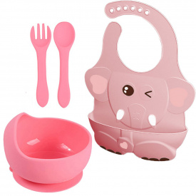 Набір 2Life тарілка та прибори Y14 і слинявчик 4D Слонік Рожевий (v-11930)