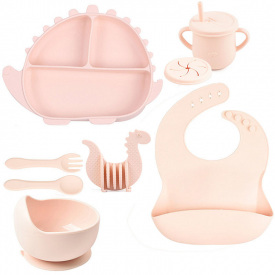 Набор детской посуды 2Life Волна Y4 8 предметів та прорізувач Динозавр Рожевий (v-12049)