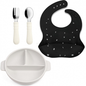 Набор детской посуды 2Life Волна тарілка та прибори Y23 та слинявчик Букви Чорний (v-12067)