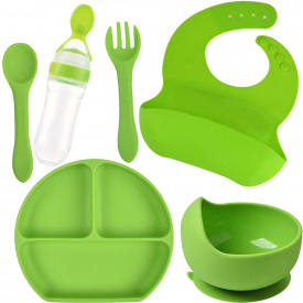 Набор силиконовая тарелка слюнявчик тарелка глубокая ложка вилка бутылка-ложка 1-й прикорм 2Life Y7 5 шт Зелёный (vol-9760)