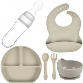 Набор силиконовая тарелка слюнявчик тарелка для первых блюд ложка вилка бутылка-ложка 2Life Y20 6 шт Бежевый (vol-9928)