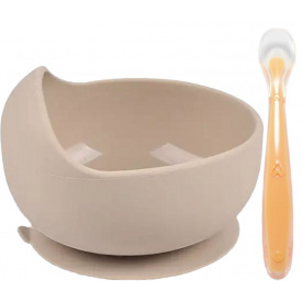Набор силиконовая круглая тарелка для первых блюд и ложка 2Life Y24 2 шт Бежевая (vol-10168)