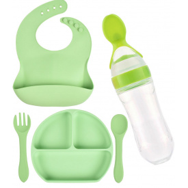 Набор силиконовая трех-секционная тарелка слюнявчик ложка вилка бутылка-ложка 2Life Y3 5 шт Зеленый (vol-9929)
