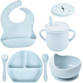 Набор детской силиконовой посуды тарелка слюнявчик тарелка для супа ложка вилка поильник 2Life Y5 7 шт Голубой (vol-10052)
