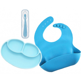Набір силіконова тарілка килимок, слинявчик силіконовий та силіконова ергономічна ложка Синій (vol-1105)