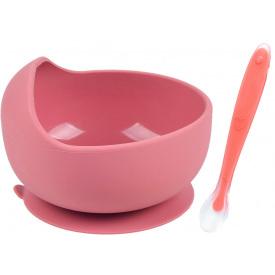 Набор силиконовая круглая тарелка 2Life Y19 для первых блюд розово-оранжевый и ложка оранжевый (vol-10279)