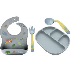 Четырех-секционная силиконовая тарелка приборы в кейсе слюнявчик силиконовый 2Life 4 предмета Серый (vol-10270)