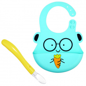 Силиконовый слюнявчик 2Life 3Д Кролик 23х30 см Мятный и ложка Желтая (vol-10513)