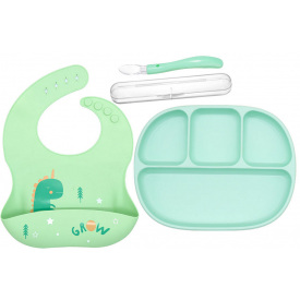 Четырех-секционная силиконовая тарелка 2Life D10, приборы в кейсе, слюнявчик силиконовый Мятный (vol-10275)