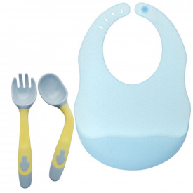 Силиконовый слюнявчик и термочувствительная ложка вилка 2Life 3 предмета Голубой (vol-10511)