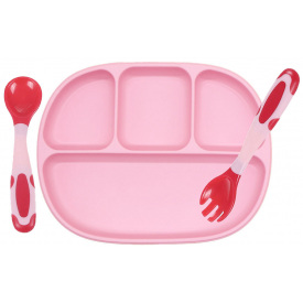 Детская четырех-секционная силиконовая тарелка и термочувствительная ложка-вилка 2Life 700 мл Розовый (vol-10238)