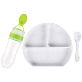Набір силіконова напівкругла 3-х секційна тарілка, ложка, пляшка-ложка 2Life Y1 3 шт Білий/Салатовий (vol-10020)