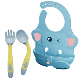 Слюнявчик 2Life Слоник 4Д Голубой и термочувствительная ложка вилка Желтый (vol-10535)