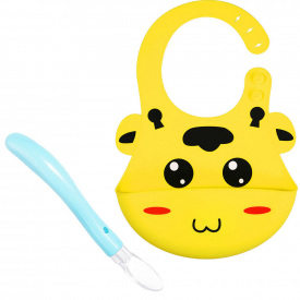 Силиконовый слюнявчик 2Life 3Д Жираф 23х30 см Желтый и ложка Голубая (vol-10514)