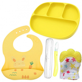 Набор силиконовой посуды 2Life тарелка D16 слюнявчик ложка прорезыватель-перчатка для зубов Желтый (vol-10346)