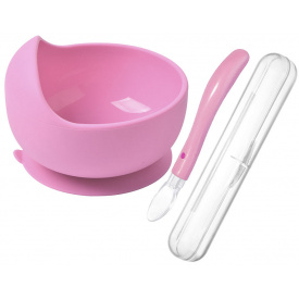 Набор силиконовая круглая тарелка 2Life Y8 для первых блюд Розовый и ложка в кейсе Розовый (vol-10280)