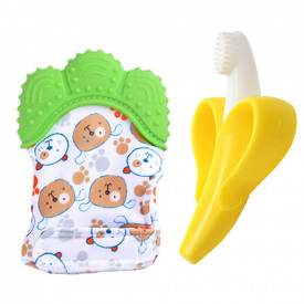 Детский силиконовый прорезыватель-перчатка для зубов зеленый и прорезыватель-щётка банан 2Life (vol-10593)