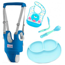 Детские вожжи-ходунки VOLRO с трусиками и подкладками слюнявчик с тарелкой и ложка-вилка Синий (vol-1968)