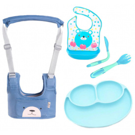 Набор детские вожжи-ходунки VOLRO с подкладками слюнявчик тарелка и ложка-вилка Синий (vol-1970)