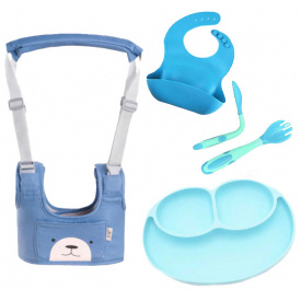 Набор детские вожжи-ходунки VOLRO слюнявчик тарелка и ложка-вилка Синий (vol-1962)