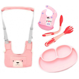 Набор детские вожжи-ходунки VOLRO ложка-вилка и слюнявчик с тарелкой Розовый (vol-1972)
