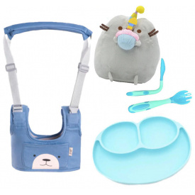 Набор детские вожжи-ходунки VOLRO с подкладками ложка-вилка с тарелкой и Пушин кэт с кексом (vol-1979)