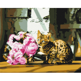 Картина за номерами BrushMe "Плямистий котик з квітами" 40х50см BS52626