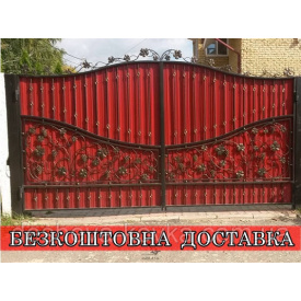 Кованые ворота из элементами художественной ковки и профнастилом