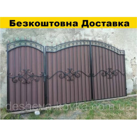 Ковані розпашні ворота з хвірткою та профнастилом.
