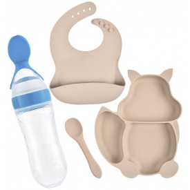 Набор 2Life Y24 силиконовая 3-х секционная тарелка, слюнявчик, ложка, бутылка-ложка Бежевый (vol-10014)