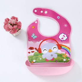 Слюнявчик ПВХ с отстегивающимся карманом 2Life Утенок в наушниках 34х23 см Розовый (vol-9870)