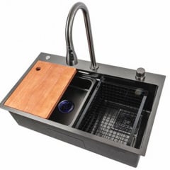 Кухонна мийка Platinex Handmade PVD 75*45А Водоспад (зі змішувачем, дошкою, сушінням в комплекті), Чорний мат Шепетовка
