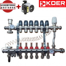 Коллекторный узел в сборе для "ТЕПЛЫЙ ПОЛ" с 3-х ходовым клапаном KOER KR.S1013-06 на 6 выходов с подключением к радиаторам с байпасом (Чехия)