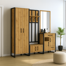 Прихожая в коридор Tobi Sho Бронкс ПЛ/2 в стиле Лофт с зеркалом, 2580x350x1900 мм Дуб аппалачи