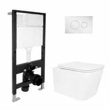 Инсталляция для унитаза 4 в 1 Qtap Standard + унитаз подвесной Qtap Crow Rimless 485x340x330, с круглой панелью смыва Chrome (QT05335171RW51603)