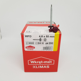 Кровельные саморезы Klimas Wkret-Met 4,8х55 мм по дереву (200 шт ) с резиновой шайбой EDPM для металлочерепицы Окраска RAL 3005 Винно-красный