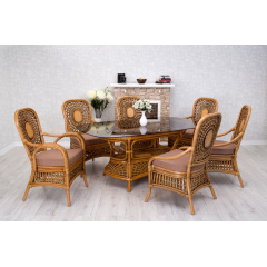 Обеденный комплект Cruzo Ацтека плетения стеклянный стол + 6 стульев из ротанга светло-коричневый Николаев