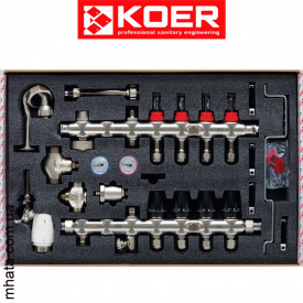 Коллекторный узел в сборе для системы "ТЕПЛЫЙ ПОЛ" KOER KR.S1011-02 на 2 выхода из нержавеющей стали с байпасом (Чехия)