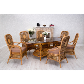 Обеденный комплект Cruzo Ацтека плетения стеклянный стол + 6 стульев из ротанга светло-коричневый
