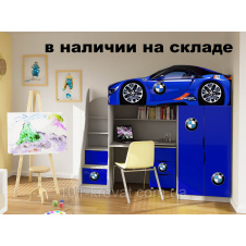 Кровать-чердак машинка BMW со встроенным столом, комодом и шкафом синяя 1700x800 мм