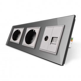 Розетка трехместная комбинированная Силовая Интернет ТВ Livolo серый стекло (VL-C7C2EU1C1V-15)