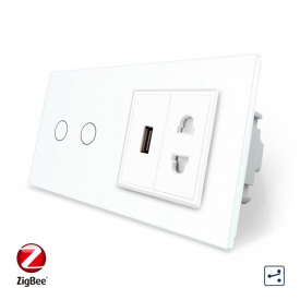 Розумний сенсорний прохідний вимикач 2 сенсори 1 розетка 1 USB білий скло Livolo (VL-C702SZ/C7USBC1A-11)