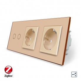 Розумний сенсорний прохідний вимикач 2 сенсора 2 розетки золотий скло Livolo (VL-C702SZ/C7C2EU-13)