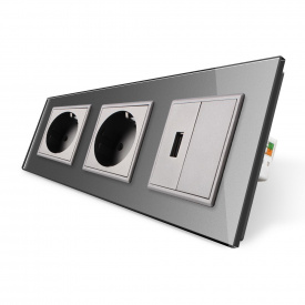 Розетка трехместная силовая с заземлением и USB цвет серый стекло Livolo (VL-C7C2EU1USB0-15)