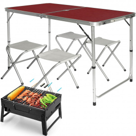 Раскладной туристический стол для пикника со стульями Easy Campi Коричневый+Мангал