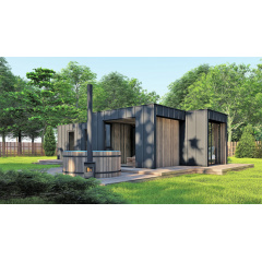 Каркасный дом-баня 9,0х5,0м High-Tech Sauna 06 под ключ в современном стиле хайтек от производителя ThermoWood Новая Прага