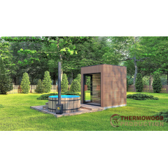 Строительство мини сауны 2,3х2,3м отделка термо рейка Gartensauna-14 Thermowood Production под ключ Дзензелевка