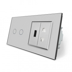 Умный сенсорный проходной выключатель 2 сенсора 1 розетка 1 USB серый стекло Livolo (VL-C702SZ/C7USBC1A-15) Смела