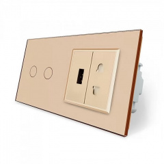 Сенсорный проходной выключатель 2 сенсора 1 розетка 1 USB золотой стекло Livolo (VL-C702S/C7USBC1A-13) Буча